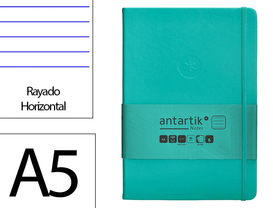 Carnet fermeture elastique antartik notes couverture rigide a5 ligne 100 feuilles 80gr fsc coloris turquoise