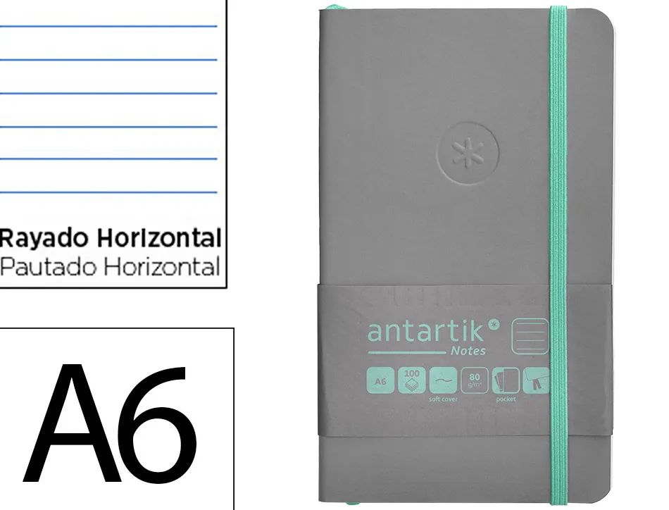 Carnet fermeture elastique vert menthe antartik notes couverture souple a6 ligne 100feuilles 80gr fsc coloris gris