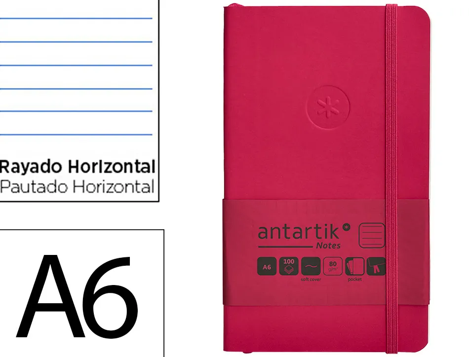 Carnet fermeture elastique antartik notes couverture souple a6 ligne 100 feuilles 80gr fsc coloris framboise