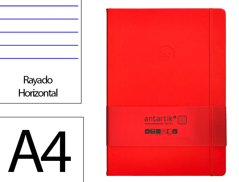 Carnet fermeture elastique antartik notes couverture rigide a4 ligne 100 feuilles 80gr fsc coloris rouge