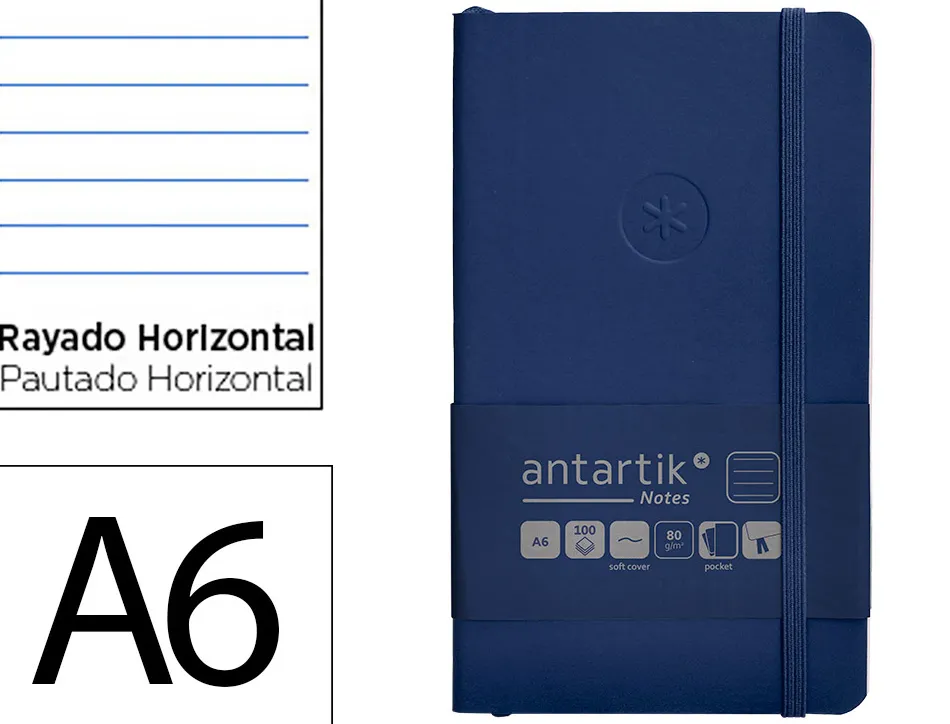 Carnet fermeture elastique antartik notes couverture souple a6 ligne 100 feuilles 80gr fsc coloris bleu marine