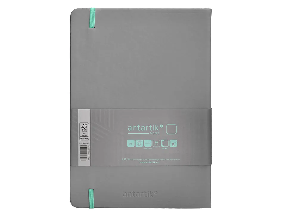 Carnet fermeture elastique turquoise antartik notes couverture rigide a5 papier uni ivoire 100 feuilles 80gr fsc gris