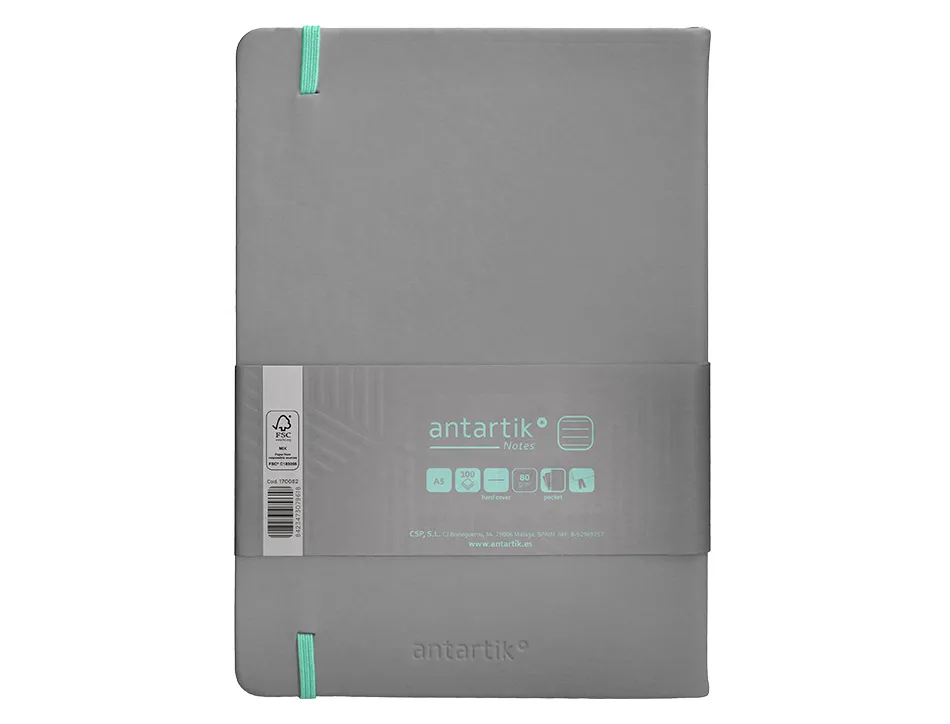 Carnet fermeture elastique turquoise antartik notes couverture rigide a5 ligne 100feuilles 80gr fsc coloris gris
