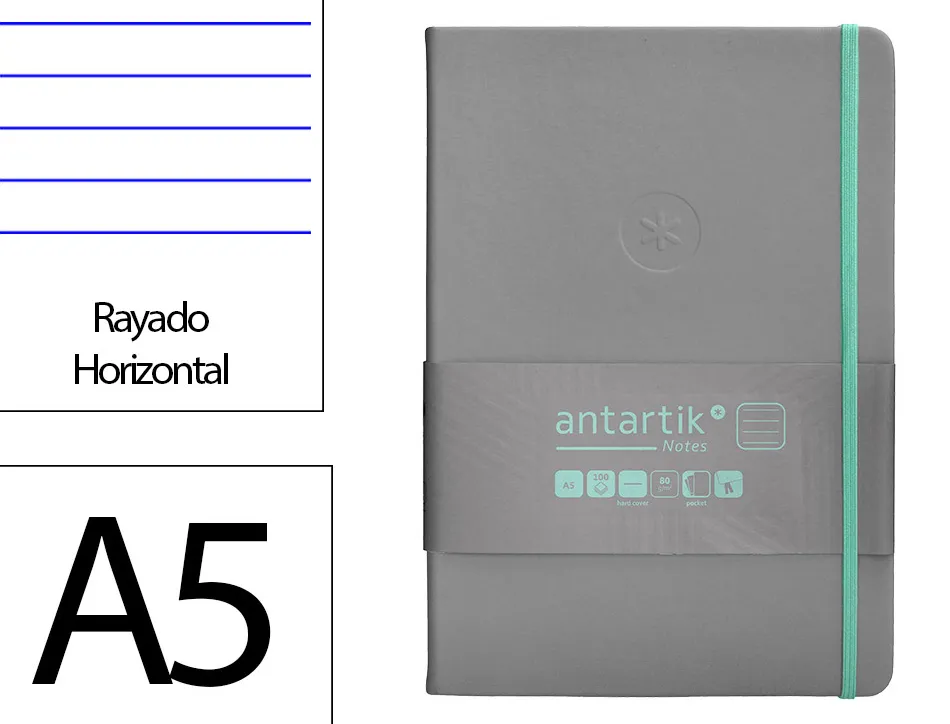 Carnet fermeture elastique turquoise antartik notes couverture rigide a5 ligne 100feuilles 80gr fsc coloris gris