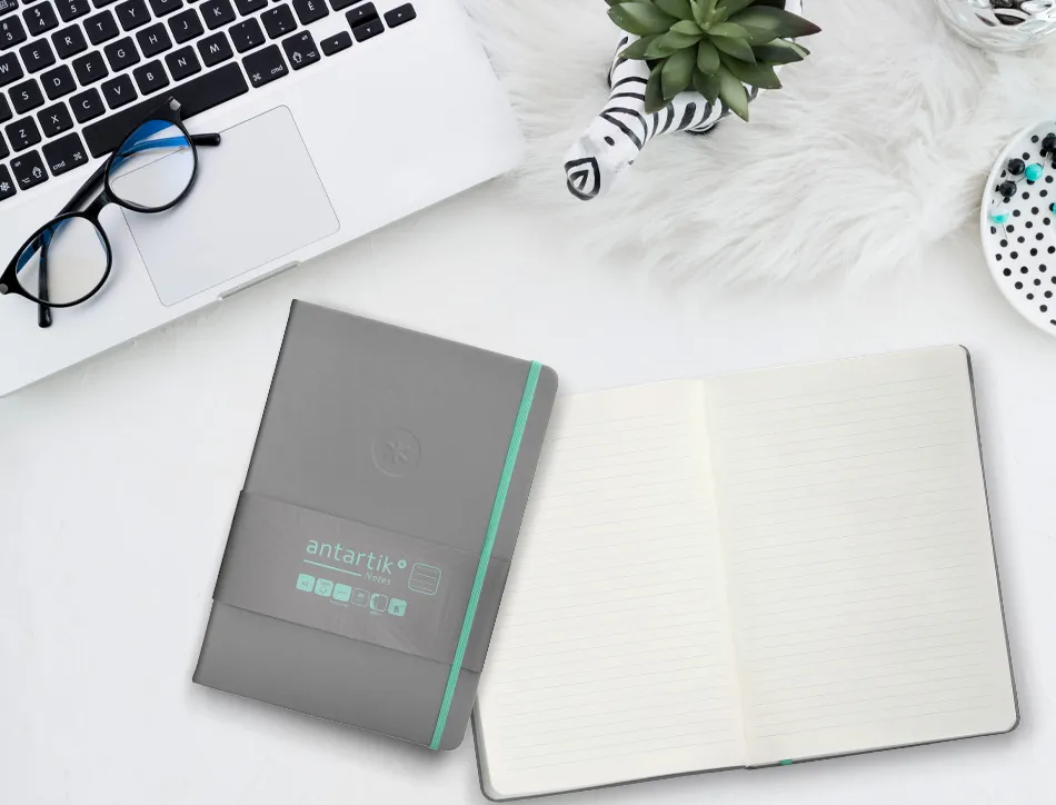 Carnet fermeture elastique turquoise antartik notes couverture rigide a5 ligne 100feuilles 80gr fsc coloris gris