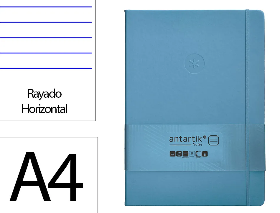 Carnet fermeture elastique antartik notes couverture rigide a4 ligne 100 feuilles 80gr fsc coloris bleu ciel