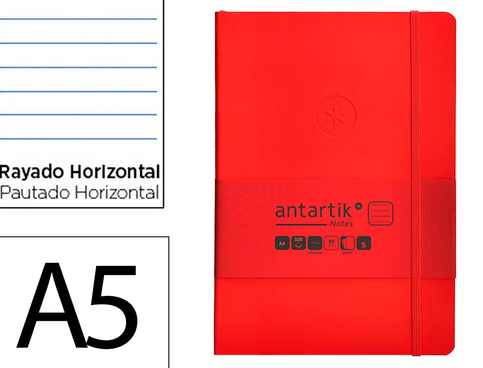Carnet fermeture elastique antartik notes couverture souple a5 ligne 100 feuilles 80gr fsc coloris rouge