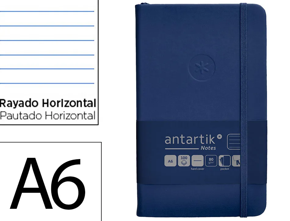 Carnet fermeture elastique antartik notes couverture rigide a6 ligne 100 feuilles 80gr fsc coloris bleu marine