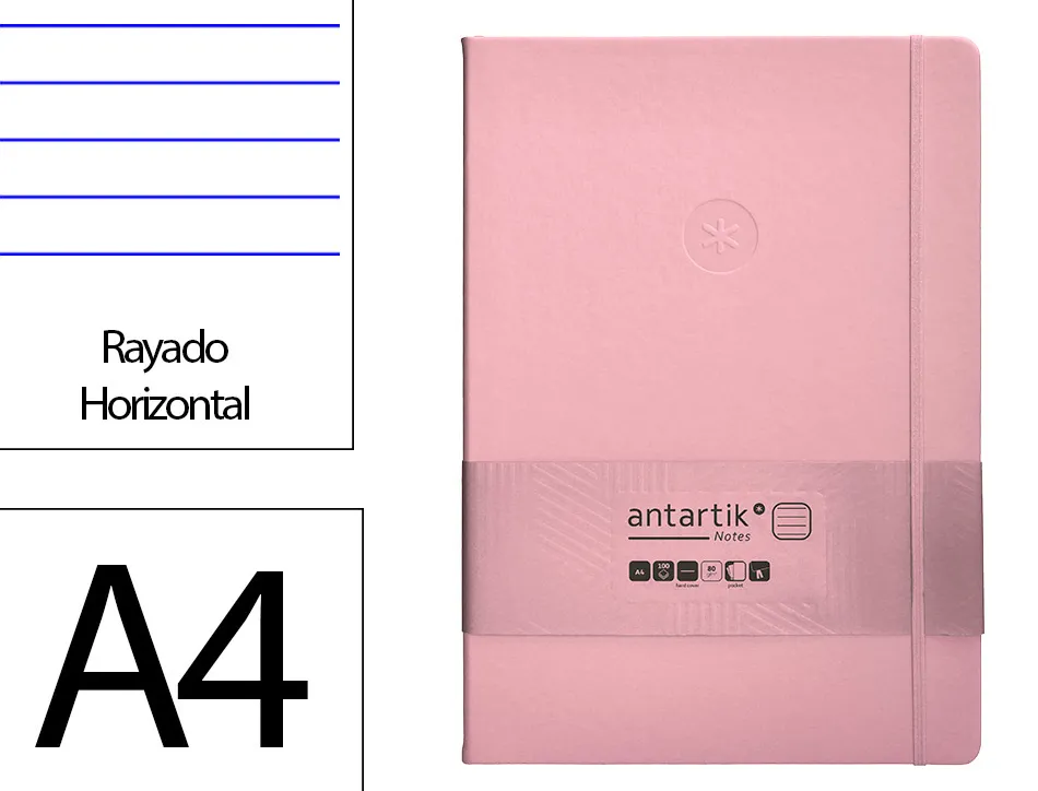 Carnet fermeture elastique antartik notes couverture rigide a4 ligne 100 feuilles 80gr fsc coloris rose pastel