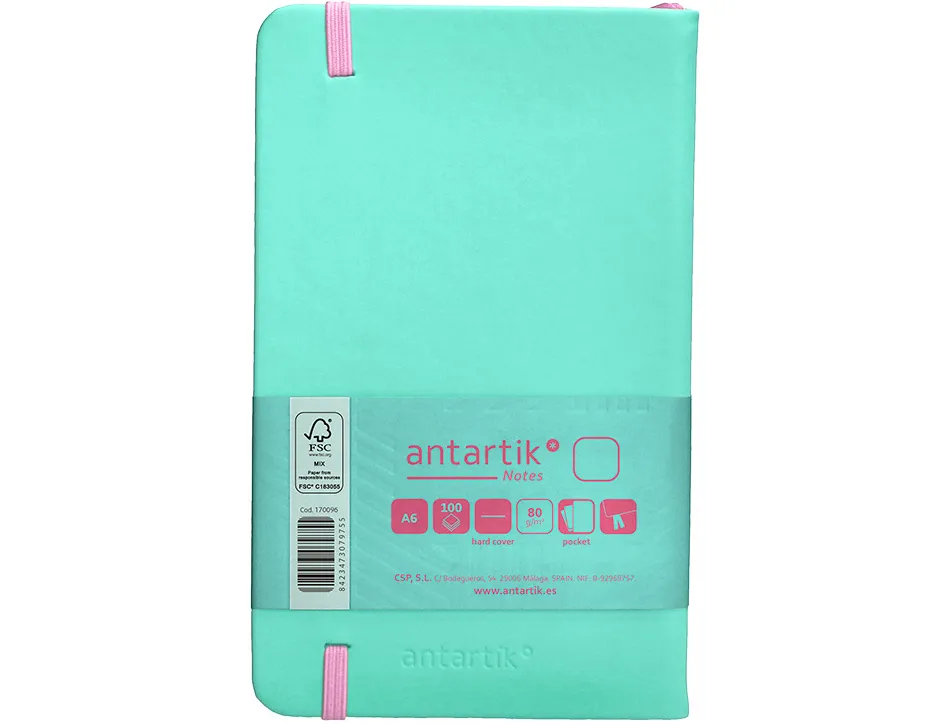 Carnet fermeture elastique rose antartik notes couverture rigide a6 papier uni ivoire 100 feuilles 80gr fsc turquoise