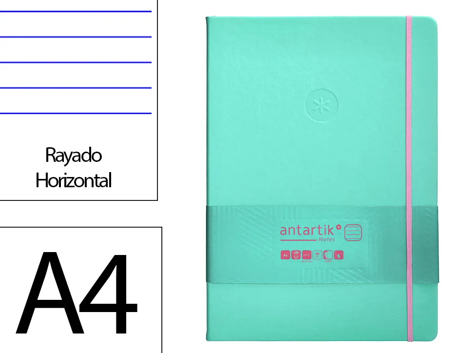Carnet fermeture elastique rose antartik notes couverturerigide a4 ligne 100 feuilles 80gr fsc coloris turquoise