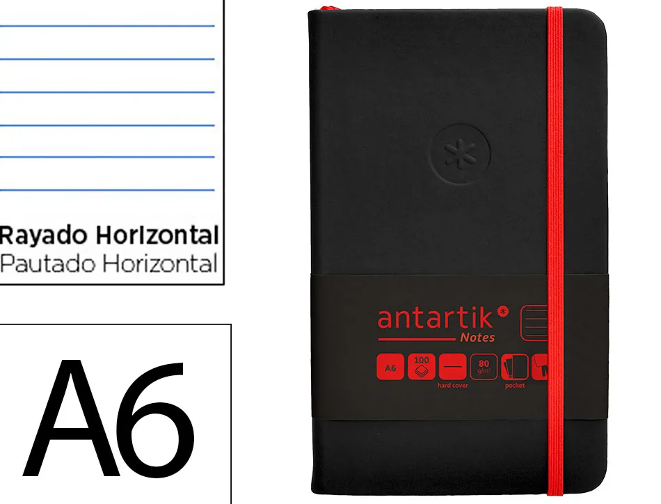Carnet fermeture elastique rouge antartik notes couverture rigide a6 ligne 100feuilles 80gr fsc coloris noir
