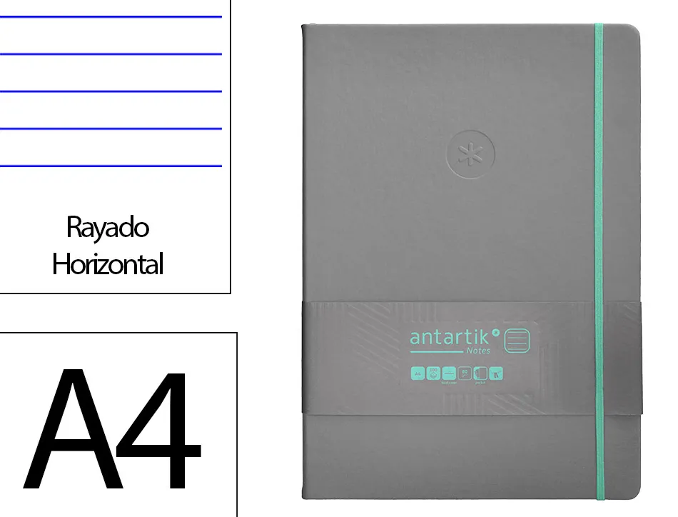 Carnet fermeture elastique turquoise antartik notes couverture rigide a4 ligne 100feuilles 80gr fsc coloris gris