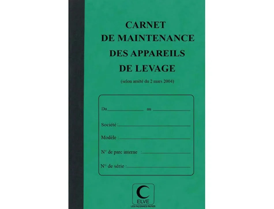Carnet maintenance elve appareils de levage protege-cahier cristal 21x13cm 32 pages