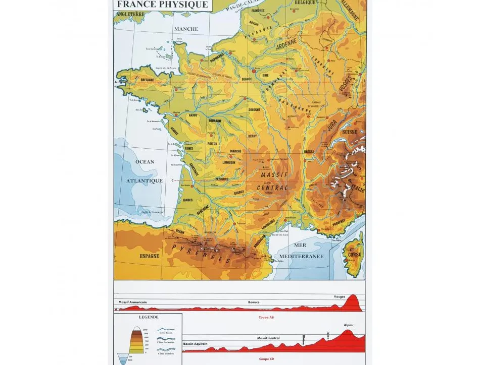 Carte de france murale ulmann recto verso plastifiee 1 face physique et 1 face administrative 94x89cm