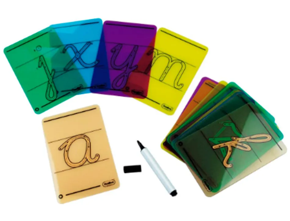 Carte lettres a tracer minuscules plastique translucide lavable 160x90mm 26 unites + 1 feutre