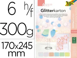 Carton a paillettes folia basic 300g/m2 bloc colle en tete 170x245mm coloris assortis pastel 6 feuilles
