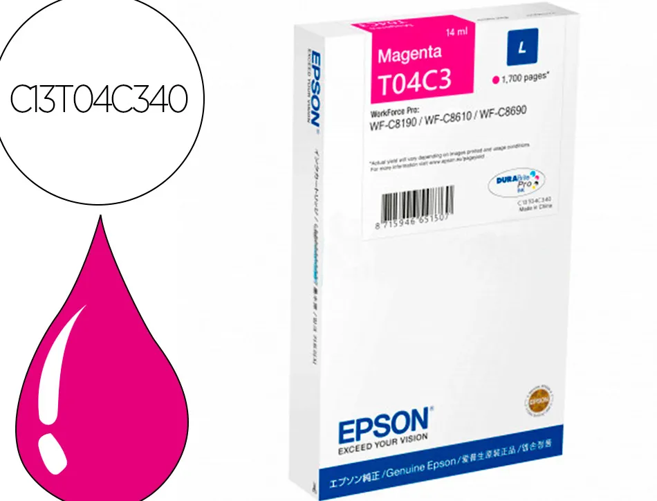 Cartouche epson jet d'encre t04c3 couleur magenta 1700 pag