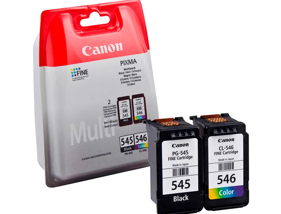 Cartouche canon jet d'encre pack pg-545 + cl-546 noir et couleurs 180p