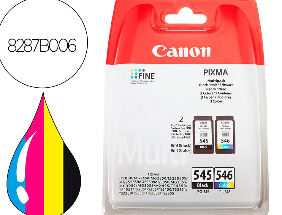 Cartouche canon jet d'encre pack pg-545 + cl-546 noir et couleurs 180p