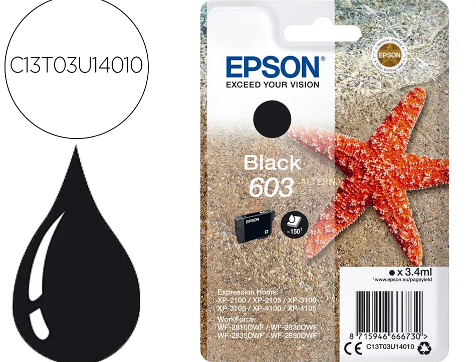 Cartouche encre epson 603 xp-2100 / 3100 / 4100 / wf-2810 / 2830 / 2835 / 2850 couleur noir 150 pages