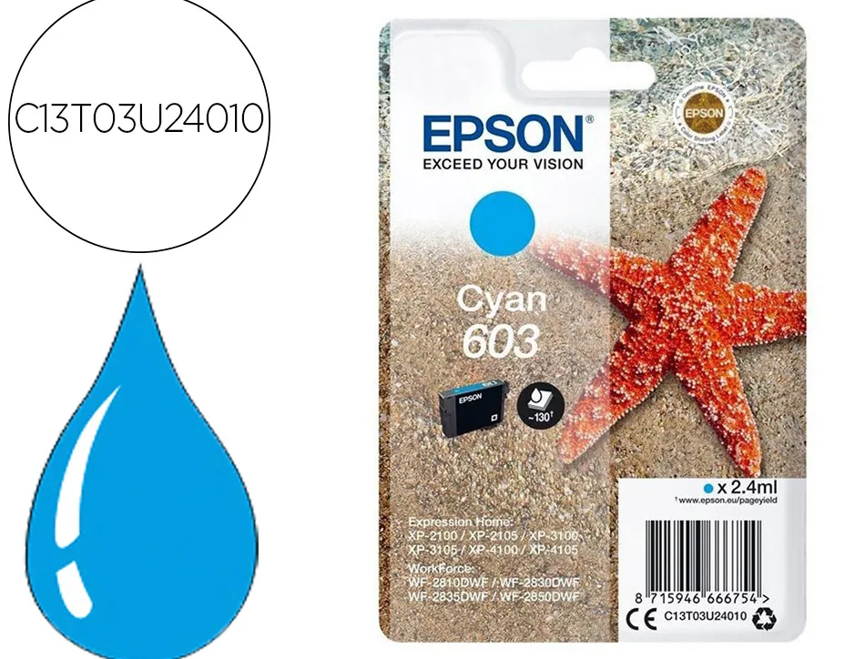 Cartouche encre epson 603 xp-2100 / 3100 / 4100 / wf-2810 / 2830 / 2835 / 2850 couleur cyan 130 pages
