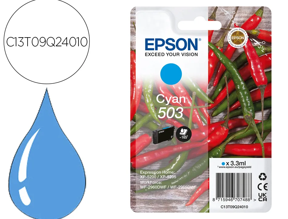 Cartouche encre epson 503 piments epl 5200, rip station 5200, workforce wf-2960 3,3ml 165p couleur cyan