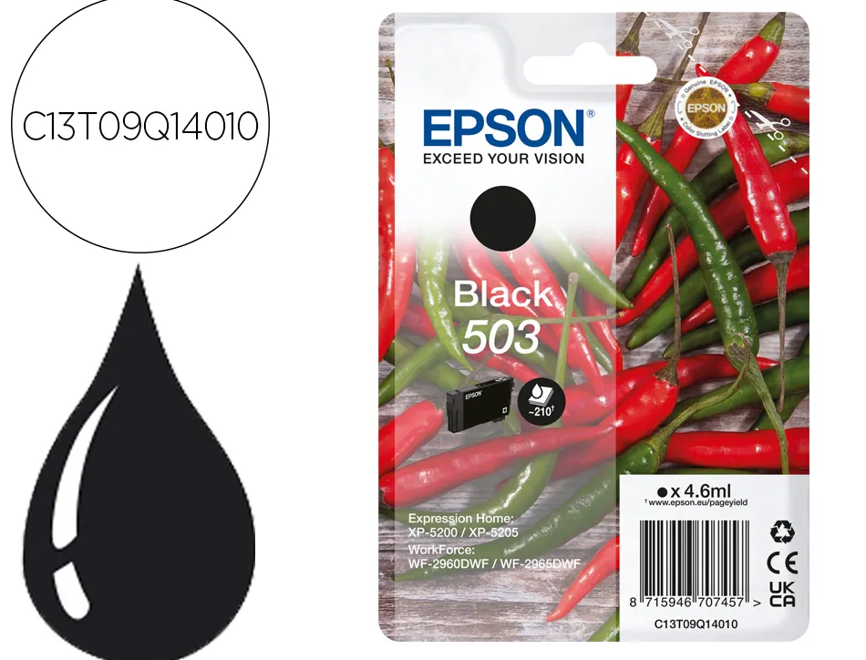 Cartouche encre epson 503 piments epl 5200, rip station 5200, workforce wf-2960 4,6ml 210p couleur noir