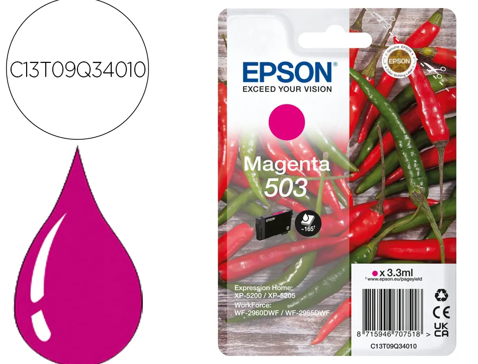 Cartouche encre epson 503 piments epl 5200, rip station 5200, workforce wf-2960 3,3ml 165p couleur magenta