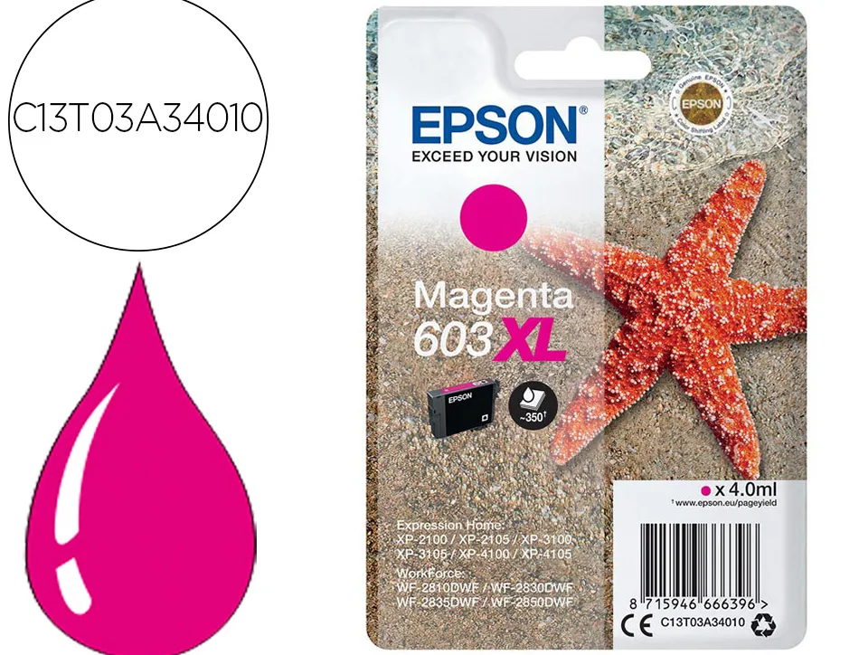 Cartouche encre epson 603xl xp-2100 / 3100 / 4100 / wf-2810 / 2830 / 2835 / 2850 couleur magenta 350 pages