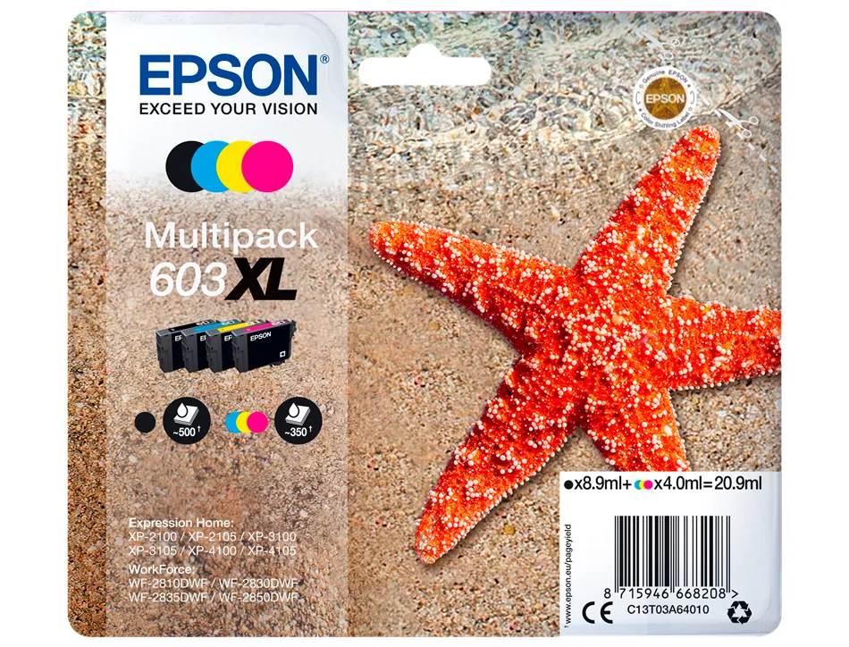 Cartouche encre epson 603xl xp-2100 / 3100 / 4100 / wf-2810 / 2830 / 2835 / 2850 pack couleur noir jaune cyan