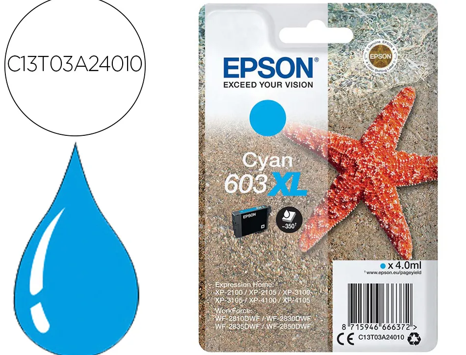 Cartouche encre epson 603xl xp-2100 / 3100 / 4100 / wf-2810 / 2830 / 2835 / 2850 couleur cyan 350 pages