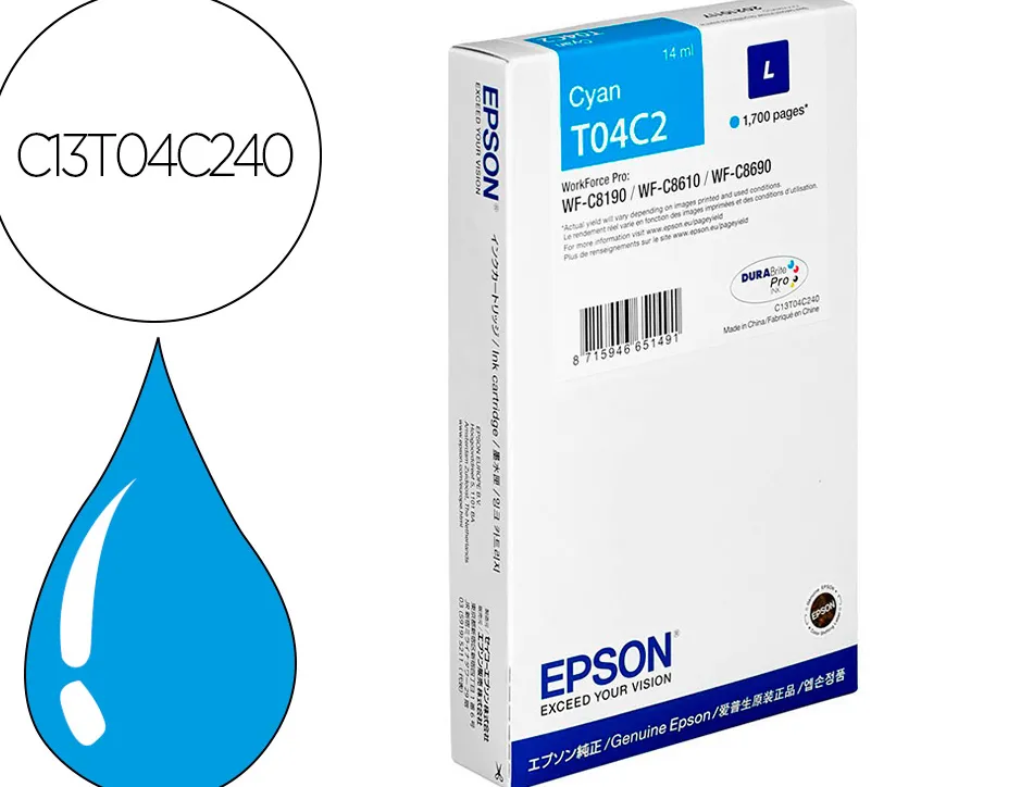 Cartouche epson jet d'encre t04c2 couleur cyan 1700 pag