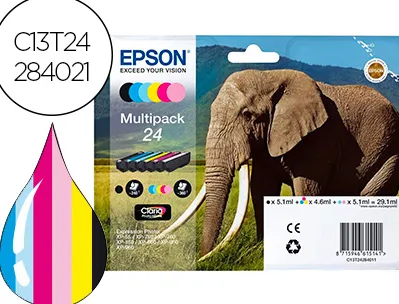 Cartouche epson jet d'encre éléphant 24 claria photo hd multipack de 6 couleurs