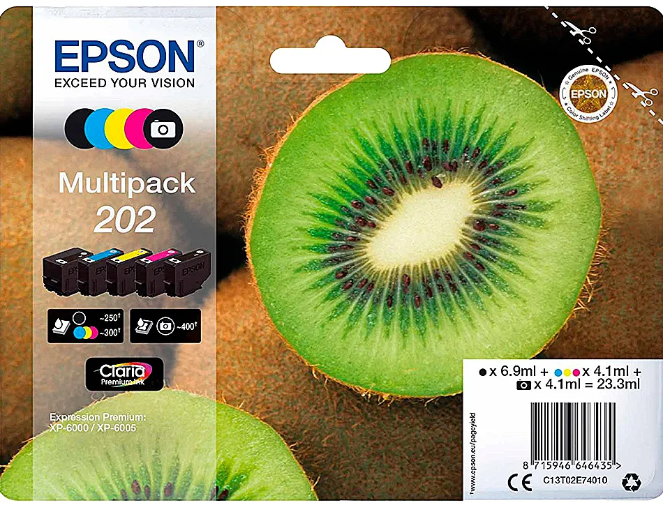 Cartouche epson jet d'encre 202 photo multipack xl 5 couleurs noir jaune cyan magenta noir 650p