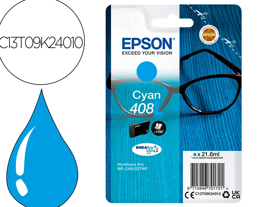Cartouche epson jet d'encre 408xl cyan 1700p