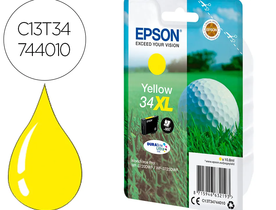 Cartouche epson n34 xl jet d'encre couleur jaune haute capacité 950p