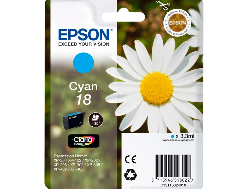 Cartouche epson t1802 jet d'encre c13t18024010 couleur cyan 175p