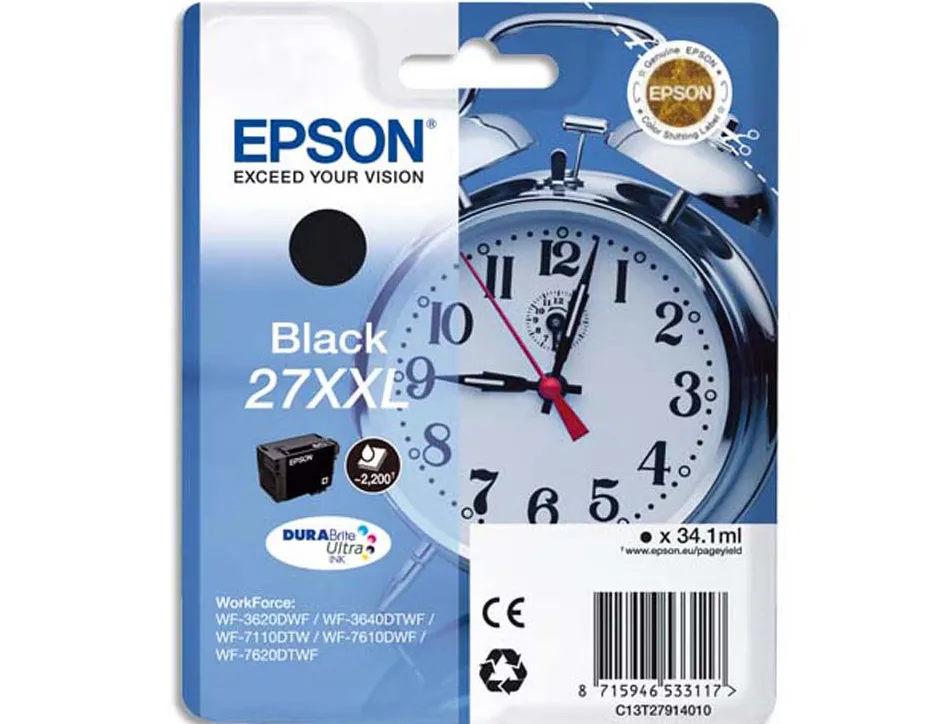 Cartouche epson t2791 jet d'encre c13t27914010 couleur noir haute capacité 2200p