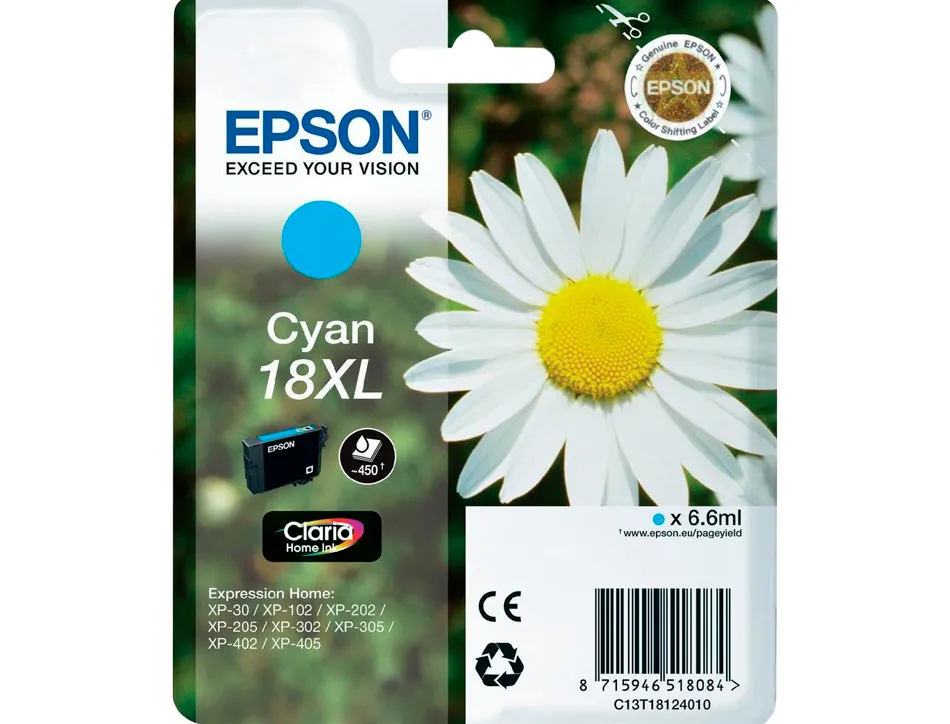 Cartouche epson t1812 jet d'encre c13t18124010 couleur cyan haute capacité 450p