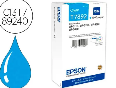 Cartouche epson t7892 jet d'encre c13t789240 pour workforce wf 5620 5110 5190 5690 couleur cyan 4000p