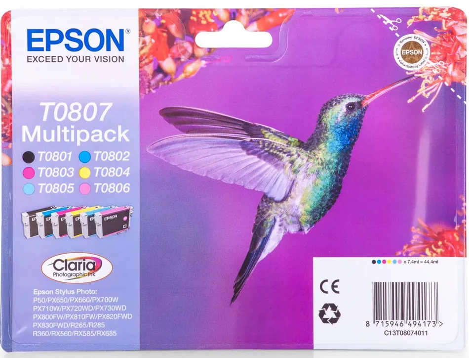 Cartouche epson t0807 jet d'encre c13t08074011 pack 6 encres