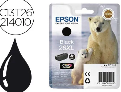 Cartouche epson t2621 jet d'encre c13t26214010 couleur noir pigment haute capacité 500p