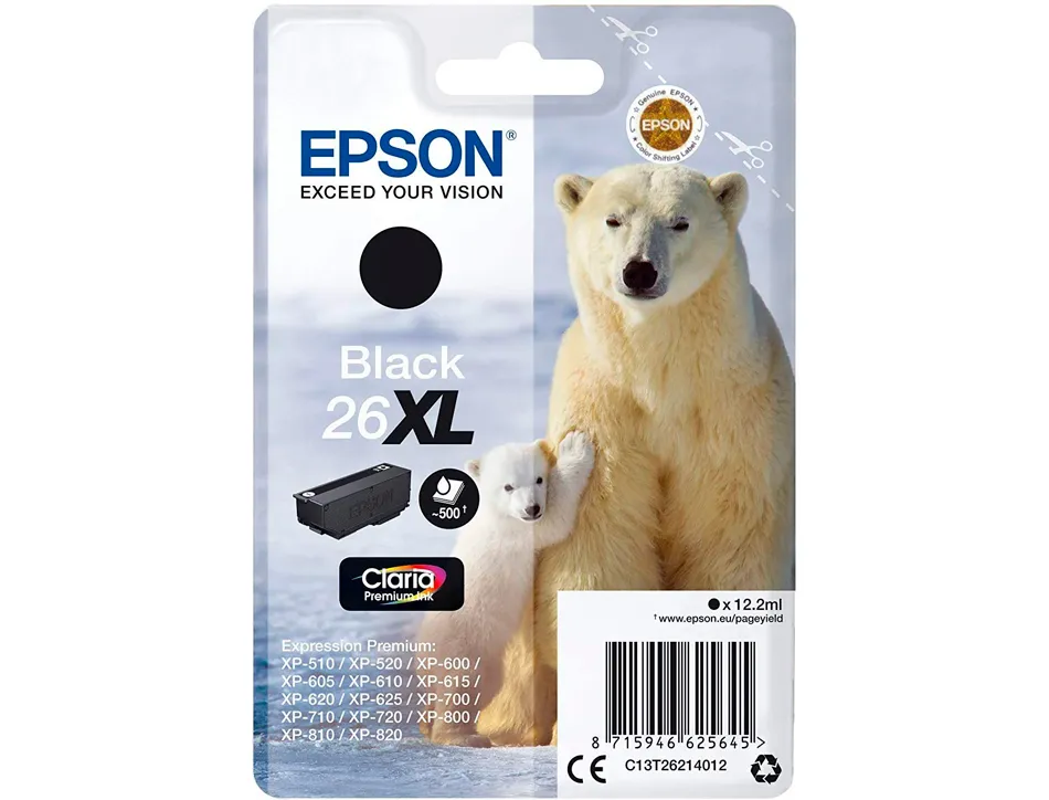 Cartouche epson t2621 jet d'encre c13t26214010 couleur noir pigment haute capacité 500p