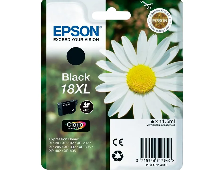 Cartouche epson t1811 jet d'encre c13t18114010 couleur noir haute capacité 470p