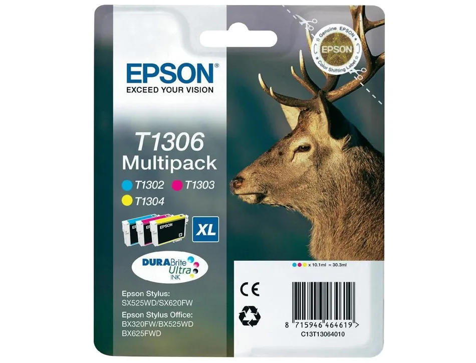 Cartouche epson t1306 jet d'encre c13t13064010 pack 3 encres couleurs cyan magenta jaune