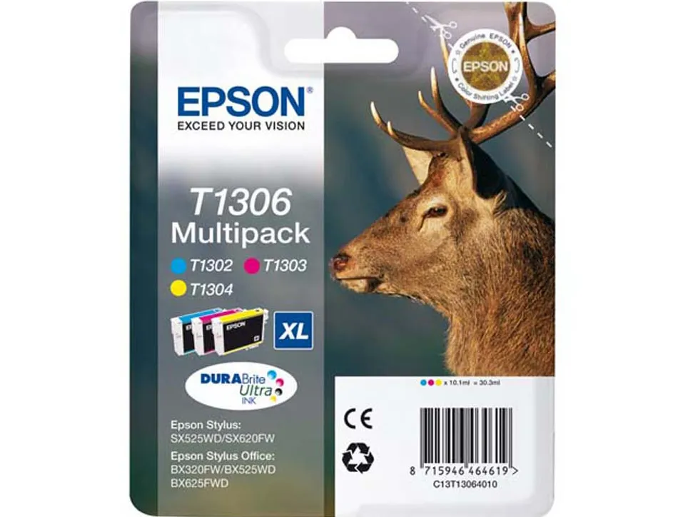 Cartouche epson t1306 jet d'encre c13t13064010 pack 3 encres couleurs cyan magenta jaune