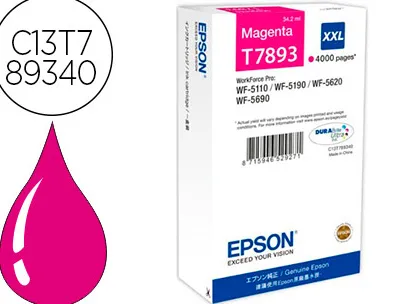 Cartouche epson t7893 jet d'encre c13t789340 pour workforce wf 5620 5110 5190 5690 couleur magenta 4000p