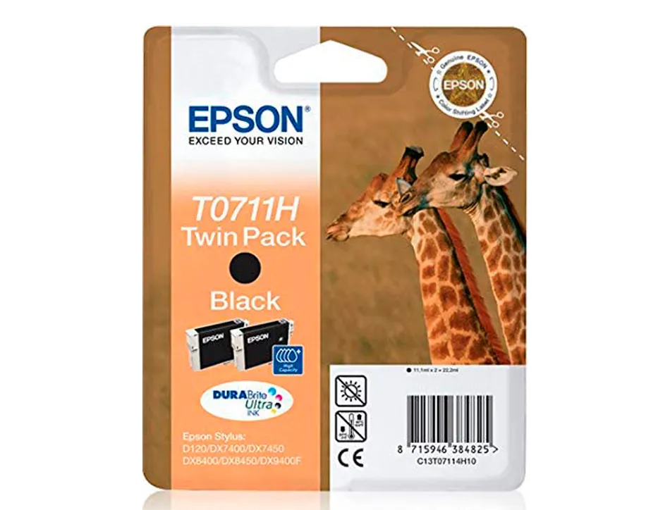 Cartouche epson t0711 jet d'encre c13t07114h10 pack 2 encres couleur noir 2x400p