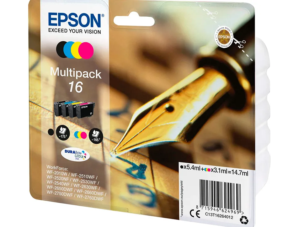 Cartouche epson t1626 jet d'encre 16 multipack pack 4 couleurs noir/jaune/cyan/magenta 165p
